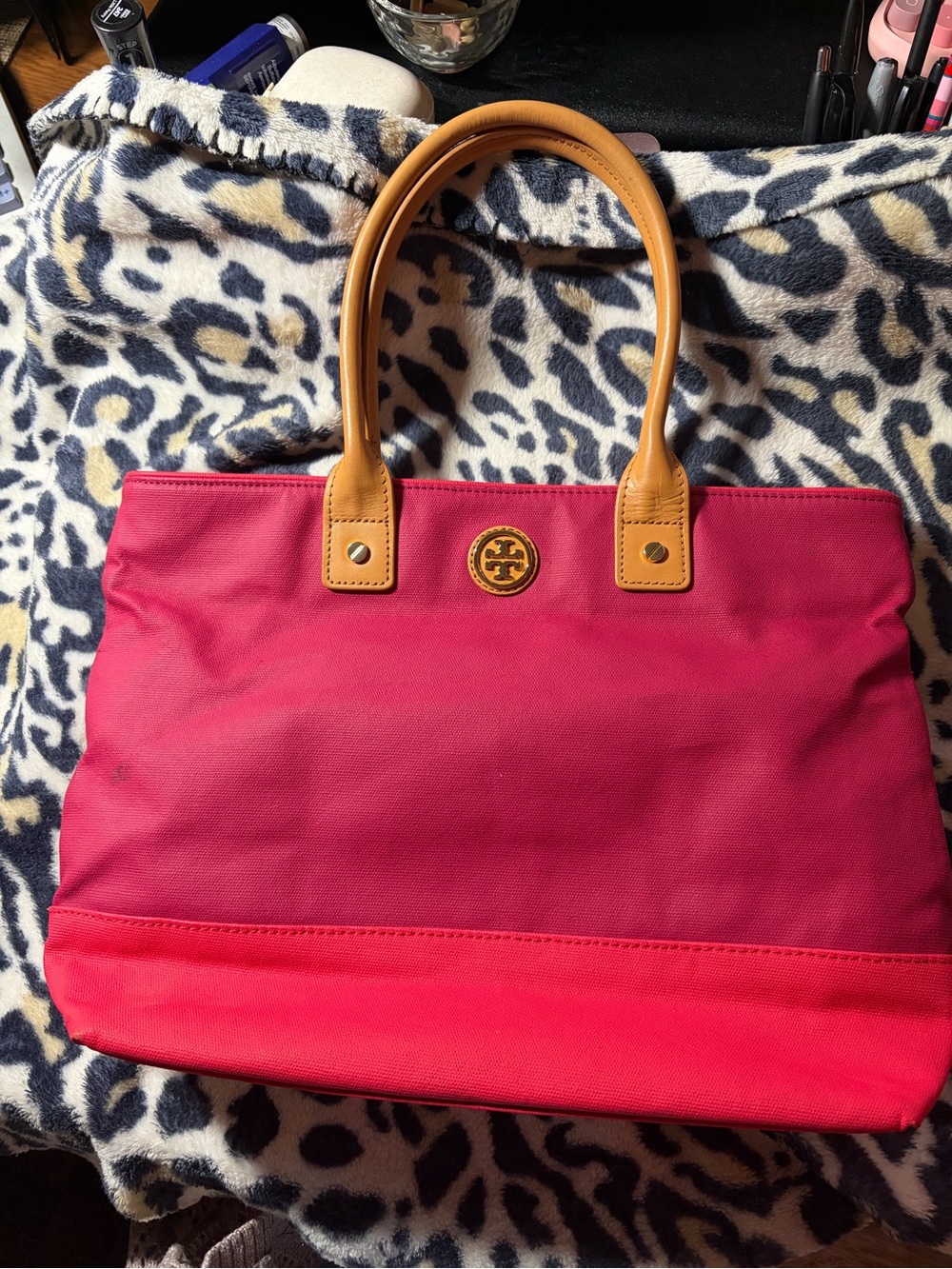 Tory Burch Pink Canvas Tote with Tan Leather Handles